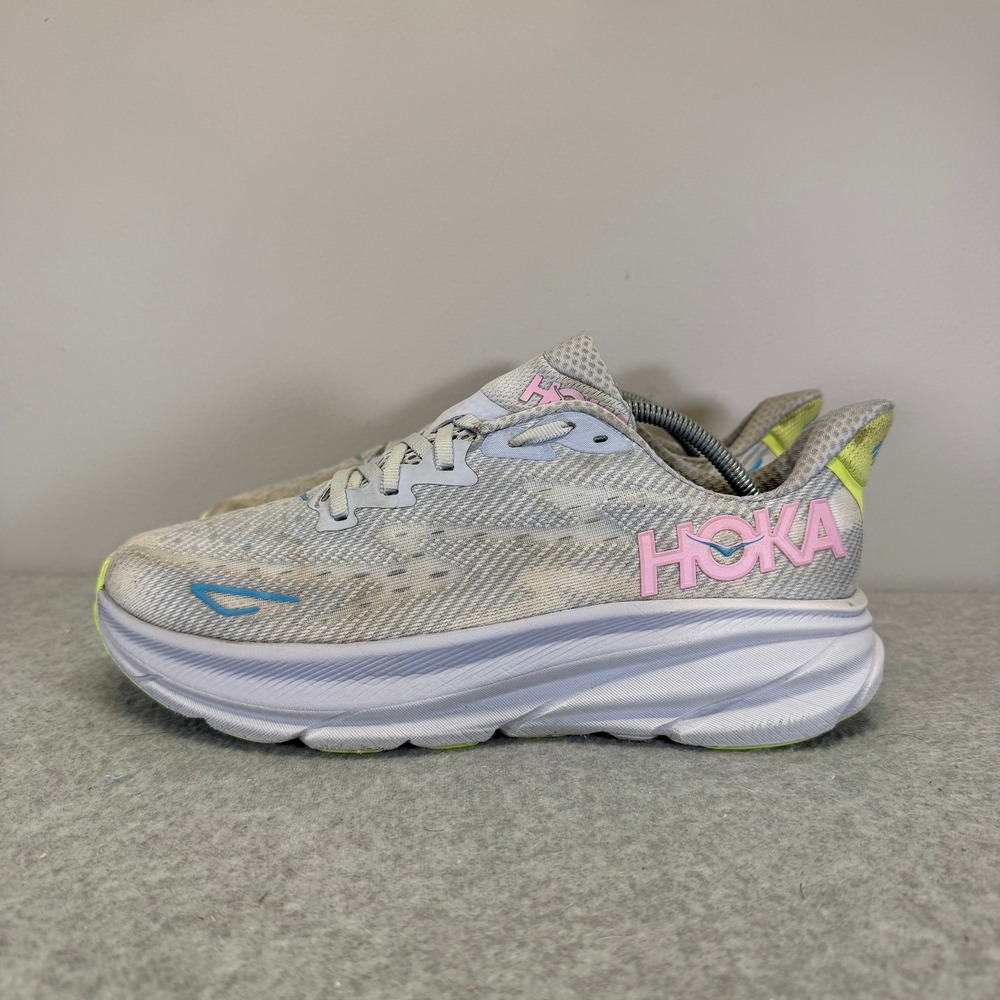 Hoka Clifton 9 Womens Shoes Size 8.5 Grey & Blue Running Sneakers 1127896 GLLS
